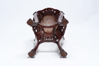 Three Chinese hongmu stands with marble top, 20th C.