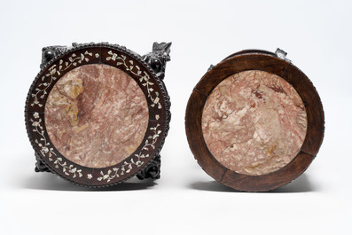 Two Chinese homgmu two-tier stands with marble top and a wooden square stand, 19/20th C.