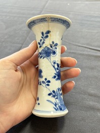 A varied collection of eight Chinese blue and white vases, two teapots and two loving cups, Kangxi/Qianlong