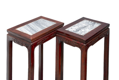 A pair of Chinese rectangular hongmu stands with marble top, Canton, 20th C.