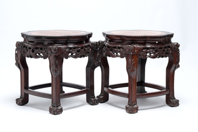 Three Chinese marble-topped hongmu stands, 20th C.