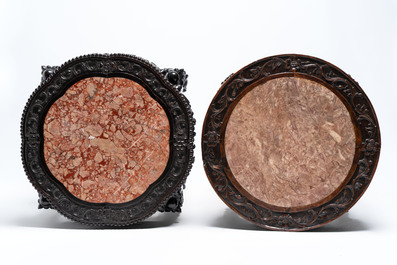 Two Chinese marble-topped hongmu two-tier stands, 19/20th C.