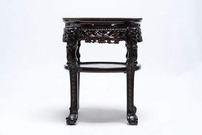 Three Chinese marble-topped hongmu stands, 19/20th C.