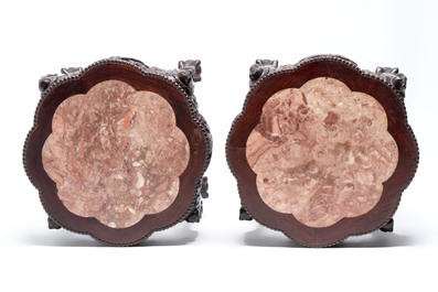 Three Chinese marble-topped hongmu stands, 20th C.