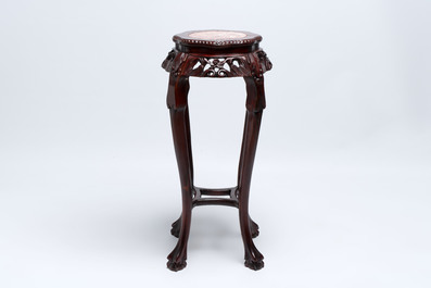 Three Chinese hongmu stands with marble top, 20th C.