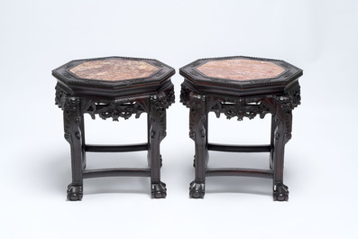 Three Chinese hongmu stands with marble top, 20th C.