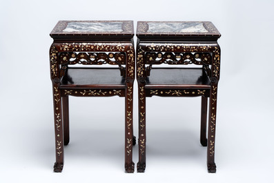 A pair of Chinese hongmu two-tier stands with marble top and mother-of-pearl inlay, Canton, 19th C.