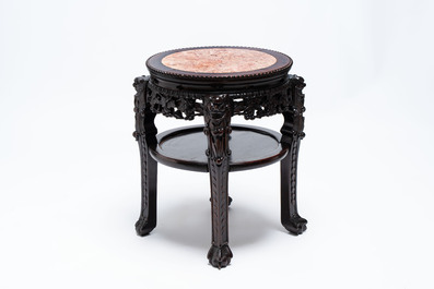 Three Chinese marble-topped hongmu stands, 19/20th C.