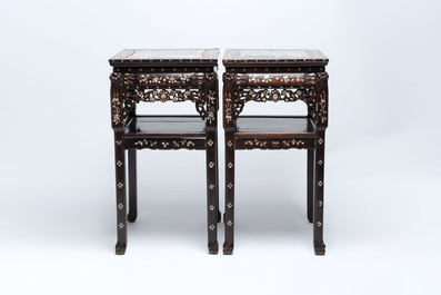 A pair of Chinese hongmu two-tier stands with marble top and mother-of-pearl inlay, Canton, 19th C.