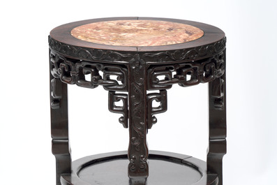 Two Chinese homgmu two-tier stands with marble top and a wooden square stand, 19/20th C.