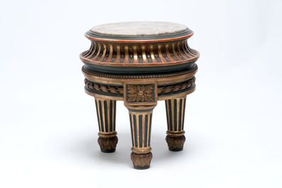 A neoclassical-style gilt-lacquered wooden tripod stand with a marble top, possibly France, 19/20th C.