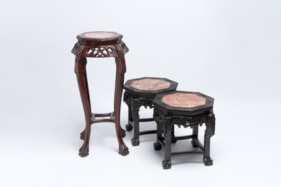 Three Chinese hongmu stands with marble top, 20th C.