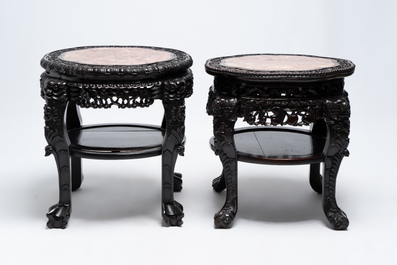 Two Chinese marble-topped hongmu two-tier stands, 19/20th C.