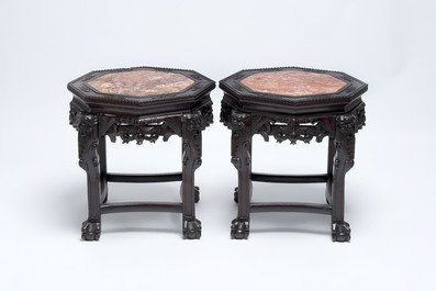 Three Chinese hongmu stands with marble top, 20th C.