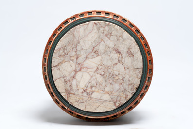 A neoclassical-style gilt-lacquered wooden tripod stand with a marble top, possibly France, 19/20th C.