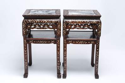 A pair of Chinese hongmu two-tier stands with marble top and mother-of-pearl inlay, Canton, 19th C.