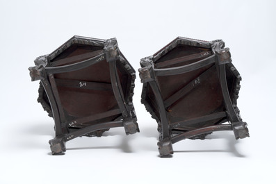 Three Chinese hongmu stands with marble top, 20th C.