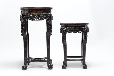 Two Chinese marble-topped hongmu stands, 19th C.