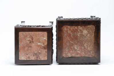 Two Chinese marble-topped hongmu two-tier square stands, 19/20th C.
