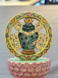 A rare Chinese famille rose Buddhist emblem altar ornament, Qianlong mark and of the period