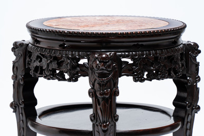 Three Chinese marble-topped hongmu stands, 19/20th C.