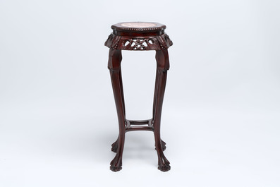 Three Chinese hongmu stands with marble top, 20th C.