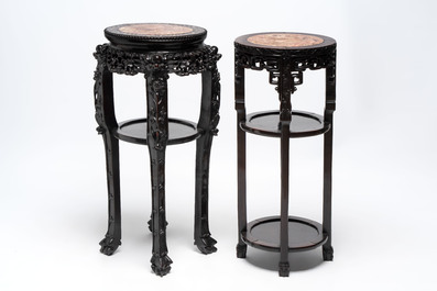 Two Chinese homgmu two-tier stands with marble top and a wooden square stand, 19/20th C.