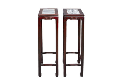 A pair of Chinese rectangular hongmu stands with marble top, Canton, 20th C.