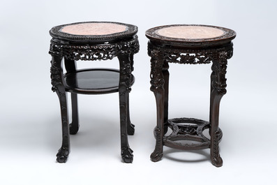 Two Chinese marble-topped hongmu two-tier stands, 19/20th C.