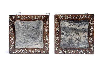 A pair of Chinese hongmu two-tier stands with marble top and mother-of-pearl inlay, Canton, 19th C.