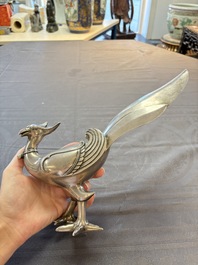 A fine Japanese silver phoenix, made by Toshihiko 敏彥造, silver 銀製 mark, Meiji/Taisho, 19/20th C.