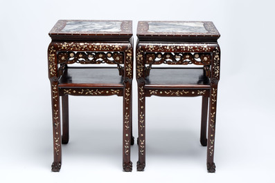 A pair of Chinese hongmu two-tier stands with marble top and mother-of-pearl inlay, Canton, 19th C.