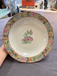 Four Chinese Canton famille rose plates and a covered double-teapot, 19th C.