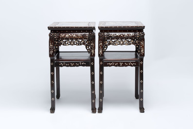 A pair of Chinese hongmu two-tier stands with marble top and mother-of-pearl inlay, Canton, 19th C.