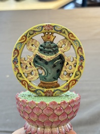 A rare Chinese famille rose Buddhist emblem altar ornament, Qianlong mark and of the period