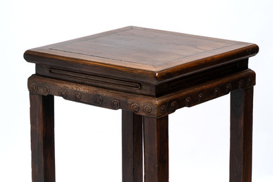 Two Chinese homgmu two-tier stands with marble top and a wooden square stand, 19/20th C.