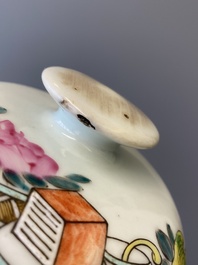 A Chinese qianjiang cai 'antiquities' covered vase and a basin with figural design, signed Yu Yicheng 俞意誠 and Xu Shanqin 徐善琴, 19th C., one dated 1893