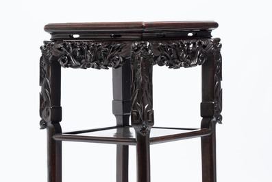 Two Chinese marble-topped hongmu two-tier square stands, 19/20th C.
