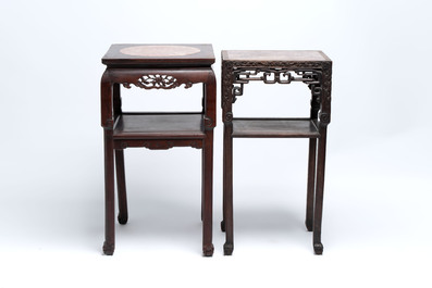 Three Chinese marble-topped hongmu stands, 19/20th C.