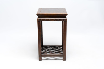 Two Chinese homgmu two-tier stands with marble top and a wooden square stand, 19/20th C.