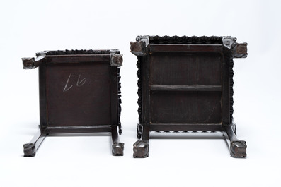 Two Chinese marble-topped hongmu two-tier square stands, 19/20th C.