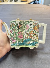 Four Chinese Canton famille rose plates and a covered double-teapot, 19th C.
