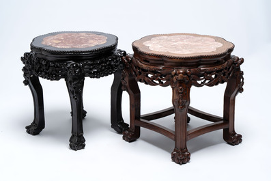 Three Chinese marble-topped hongmu stands, 19/20th C.