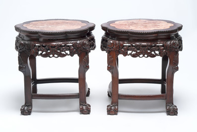 Three Chinese marble-topped hongmu stands, 20th C.