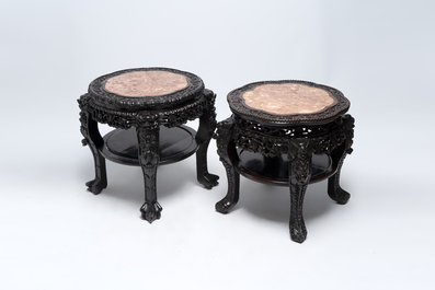 Two Chinese marble-topped hongmu two-tier stands, 19/20th C.