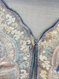 A framed Tibetan silk-embroidered four-leaf ritual crown with Transcendent Buddhas, 18th C.