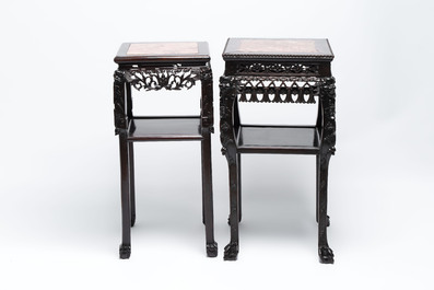 Two Chinese marble-topped hongmu two-tier square stands, 19/20th C.