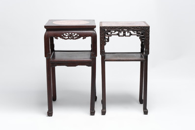 Three Chinese marble-topped hongmu stands, 19/20th C.