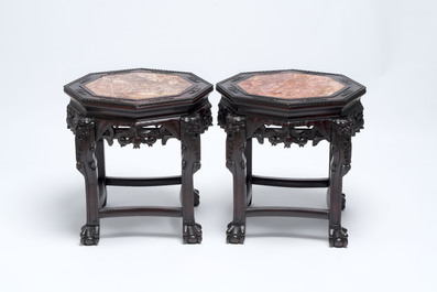 Three Chinese hongmu stands with marble top, 20th C.