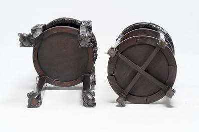 Two Chinese homgmu two-tier stands with marble top and a wooden square stand, 19/20th C.